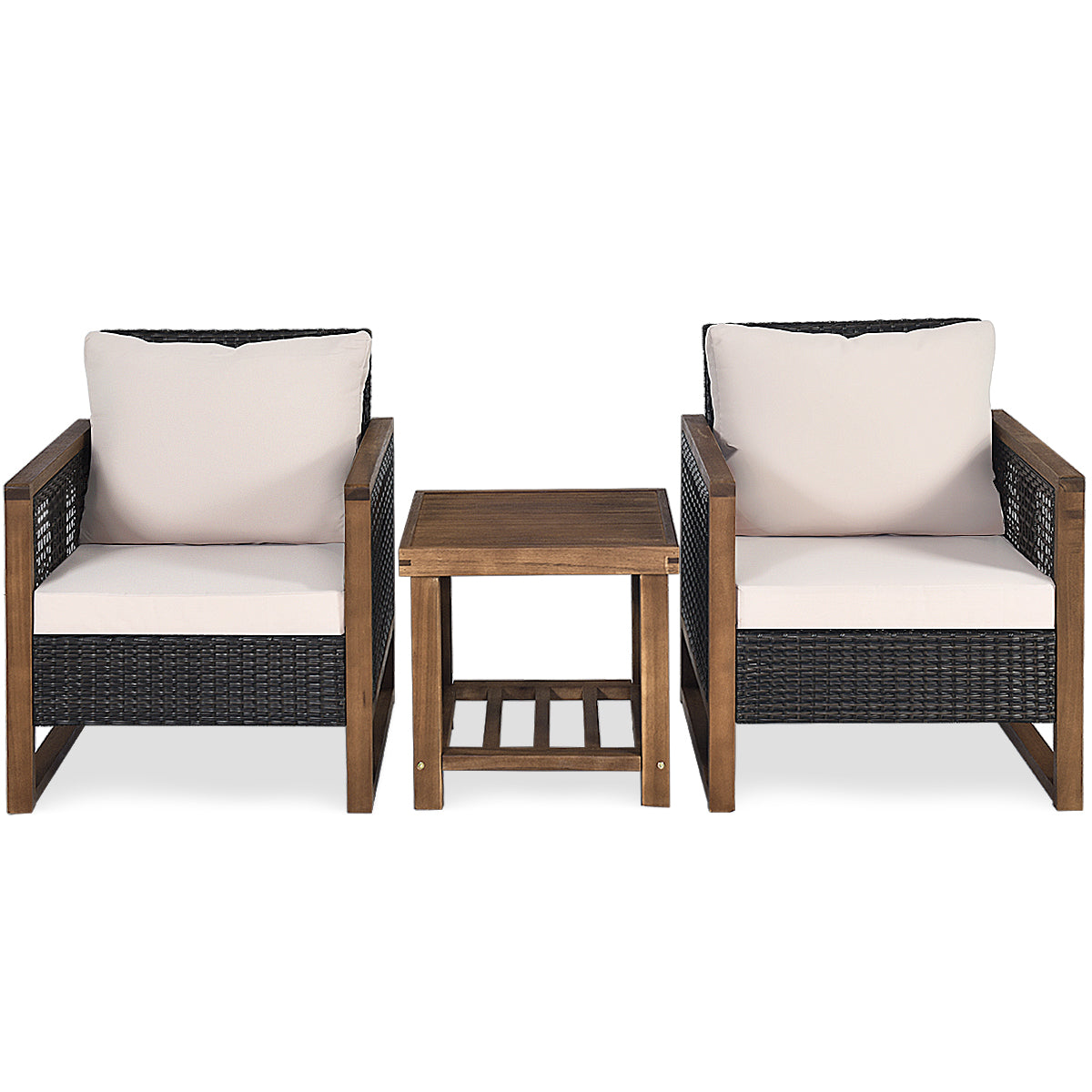 Livsk costway 3 delige terrasmeubelset buitenmeubelset met acaciahouten salontafel en 2 pe rotan stoelen rieten meubelset 1