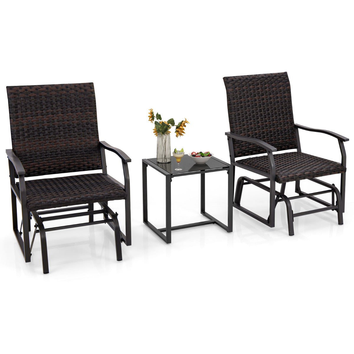 LIVSK 3-delige Terrasschuifset - 2 Stoelen met Sneldrogend Schuim - Elegante Salontafel van Gehard Glas - Gemengd Bruin