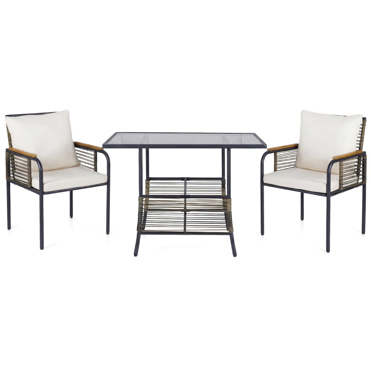 Livsk costway 3 delige tuinloungeset van rotan ruimtebesparende eetset voor buiten met kussens rechthoekige tuintafel en rotanstoelen beige 2