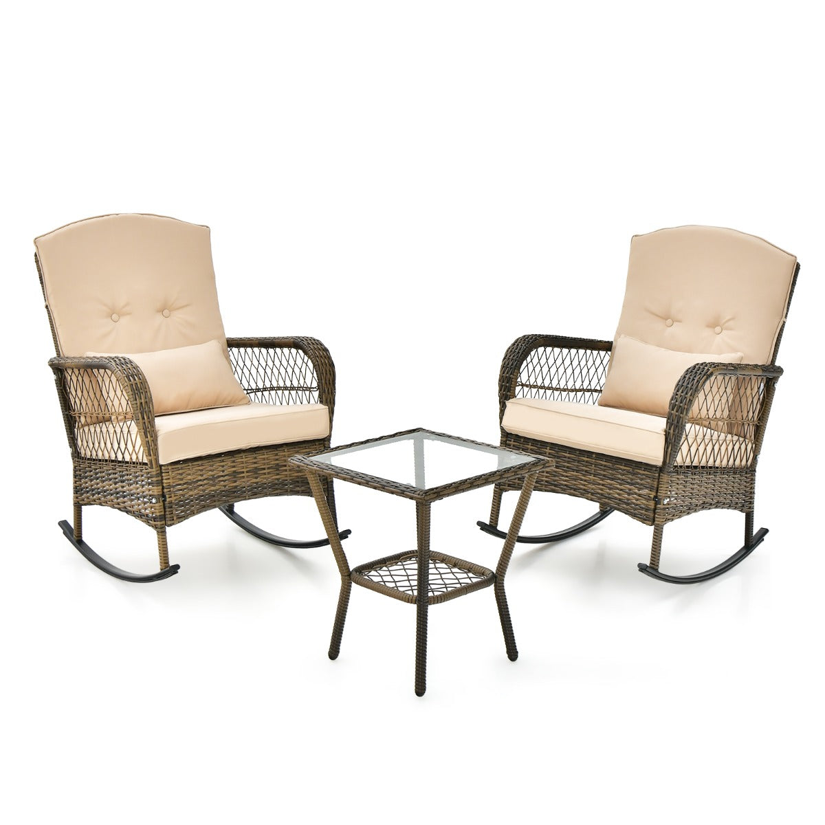 LIVSK 3-Delige Schommelstoelset met Kussens - Ergonomisch Design - Inclusief Koffietafel - Duurzaam PE-Rotan - Grijs