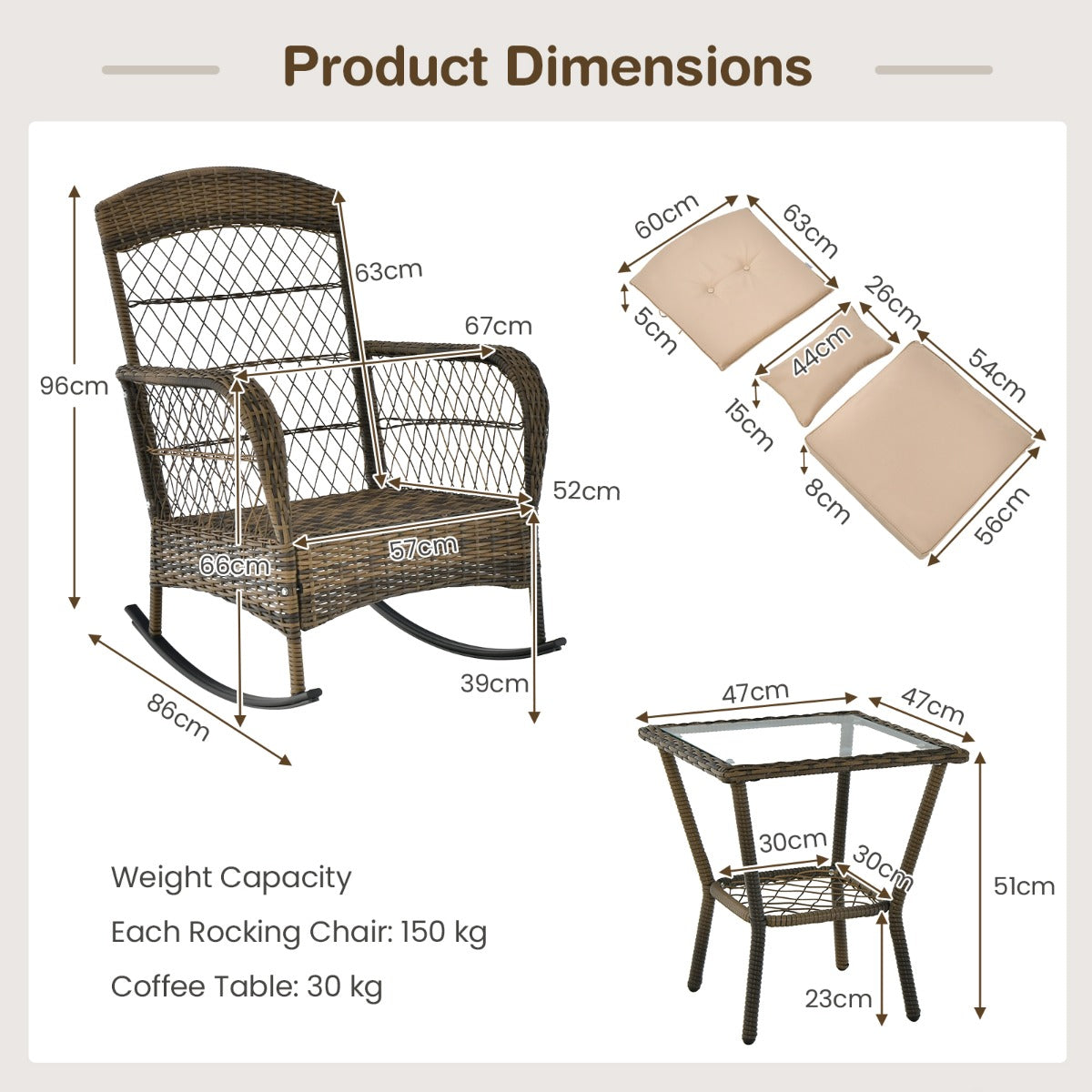 LIVSK 3-Delige Schommelstoelset met Kussens - Ergonomisch Design - Inclusief Koffietafel - Duurzaam PE-Rotan - Grijs