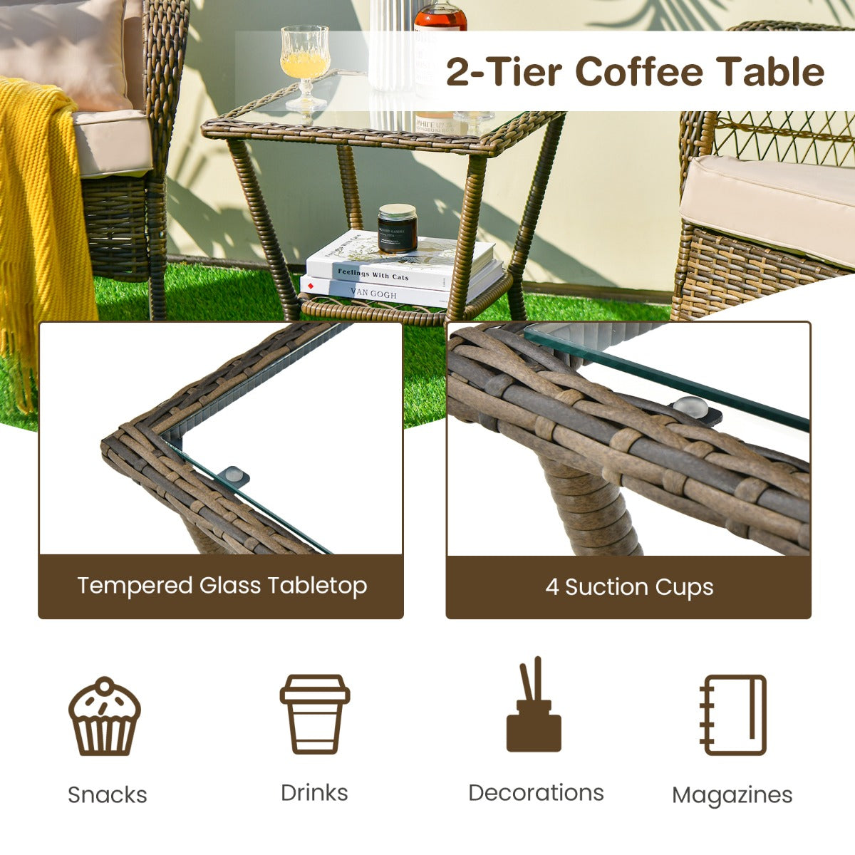 LIVSK 3-Delige Schommelstoelset met Kussens - Ergonomisch Design - Inclusief Koffietafel - Duurzaam PE-Rotan - Grijs