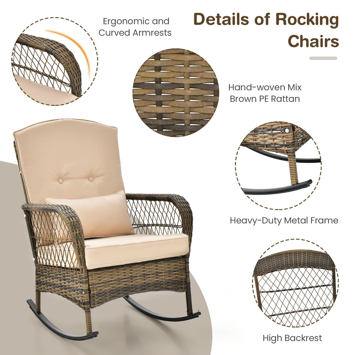 LIVSK 3-Delige Schommelstoelset met Kussens - Ergonomisch Design - Inclusief Koffietafel - Duurzaam PE-Rotan - Grijs