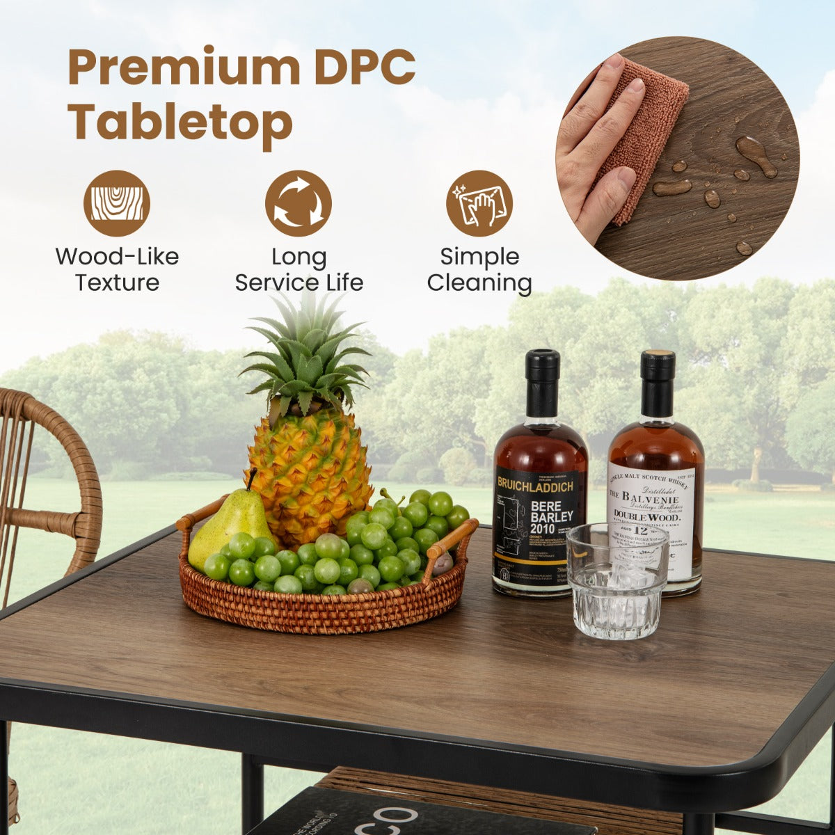 LIVSK 3-delige Tuinset - Stapelbare Rieten Stoelen met Ergonomische Rugleuningen - Tafel met DPC-blad en Opbergplank - Natuurlijk