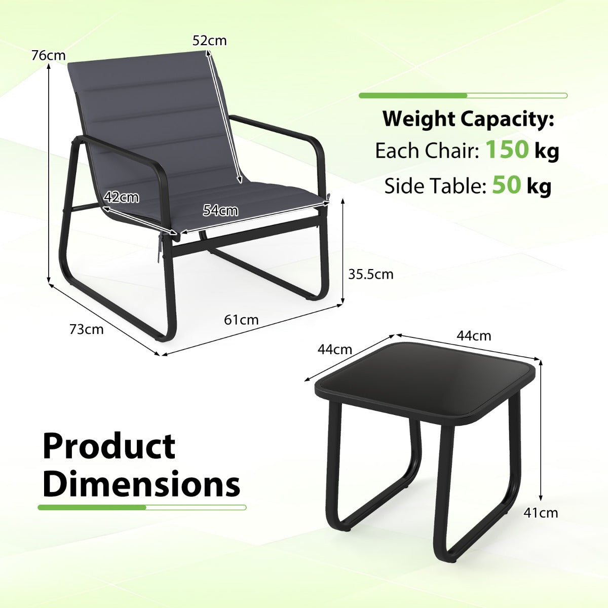 Livsk costway 3 delige tuinset buitenstoelen en bijzettafel met afneembare kussens en blad van gehard glas 2