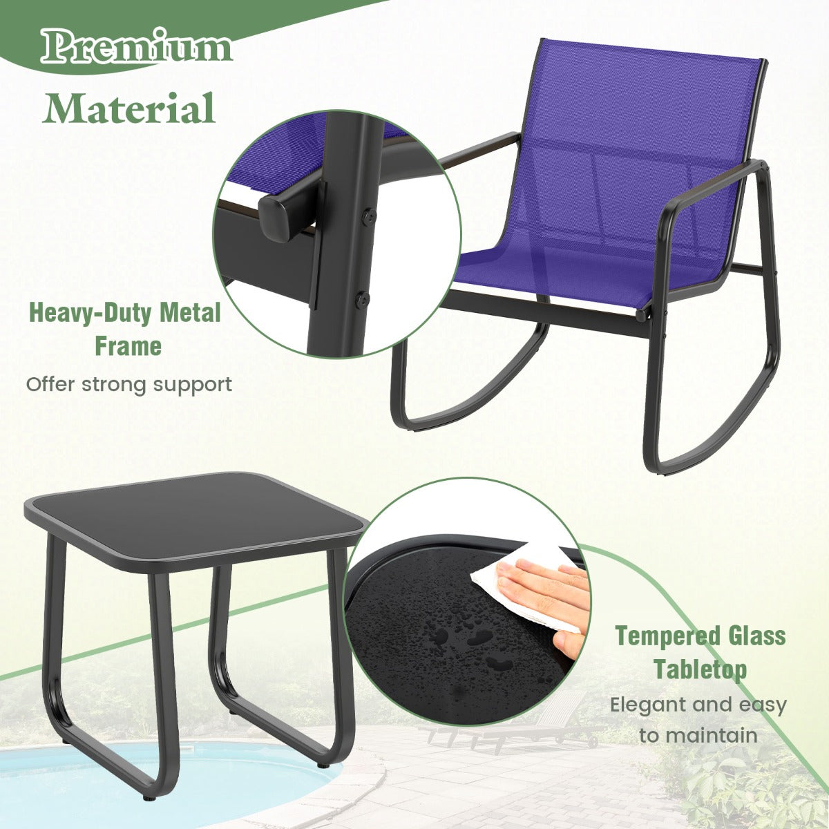 LIVSK 3-delige Schommelset voor Terras - Ergonomisch en Duurzaam - Antislip en Roestbestendig - Gehard Glas Tafelblad - Grijs