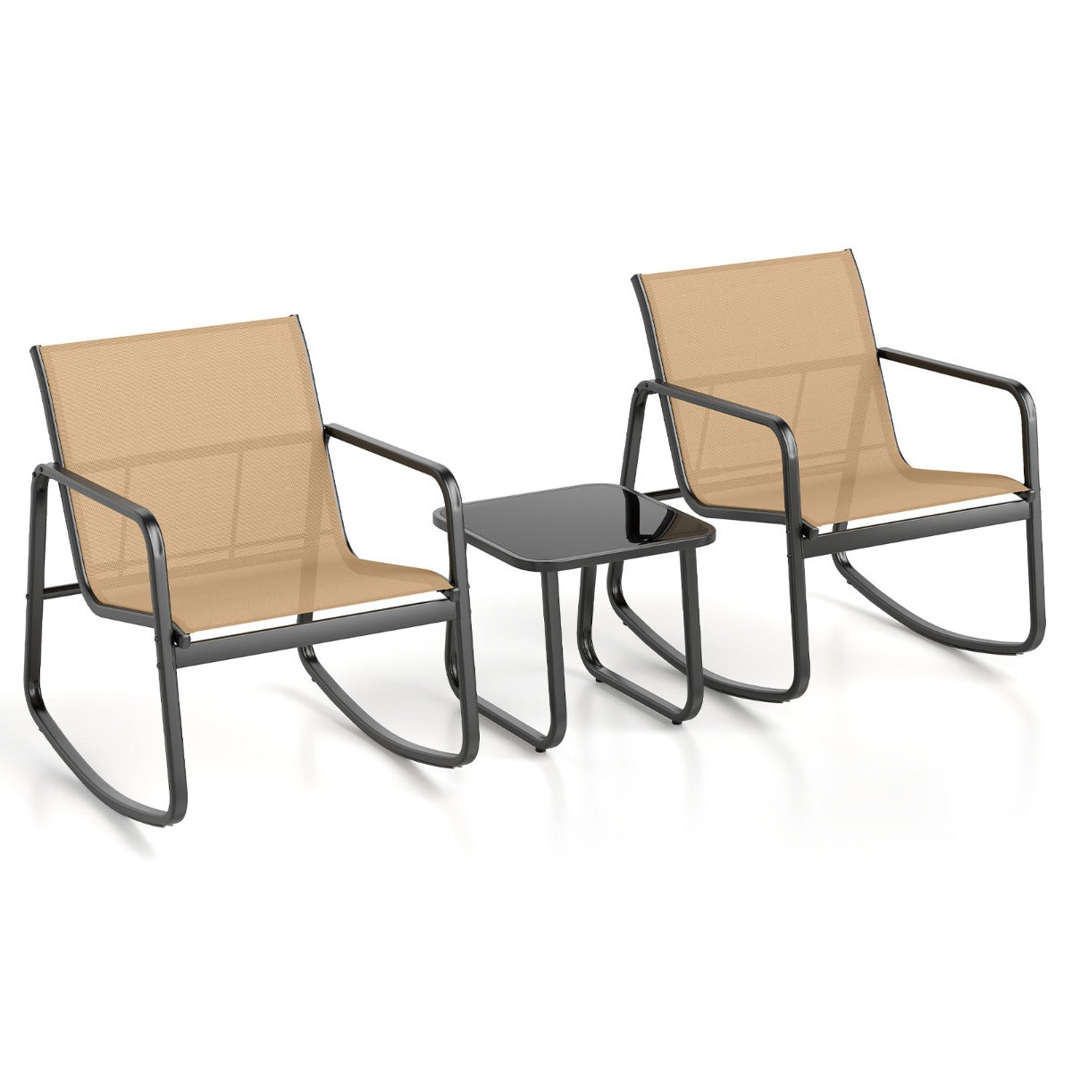 LIVSK 3-delige Schommelset - Ergonomische Stoelen met Zachte Beweging - Roestbestendig - Gehard Glas Tafelblad - Bruin