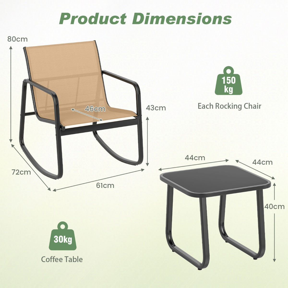 LIVSK 3-delige Schommelset - Ergonomische Stoelen met Zachte Beweging - Roestbestendig - Gehard Glas Tafelblad - Bruin