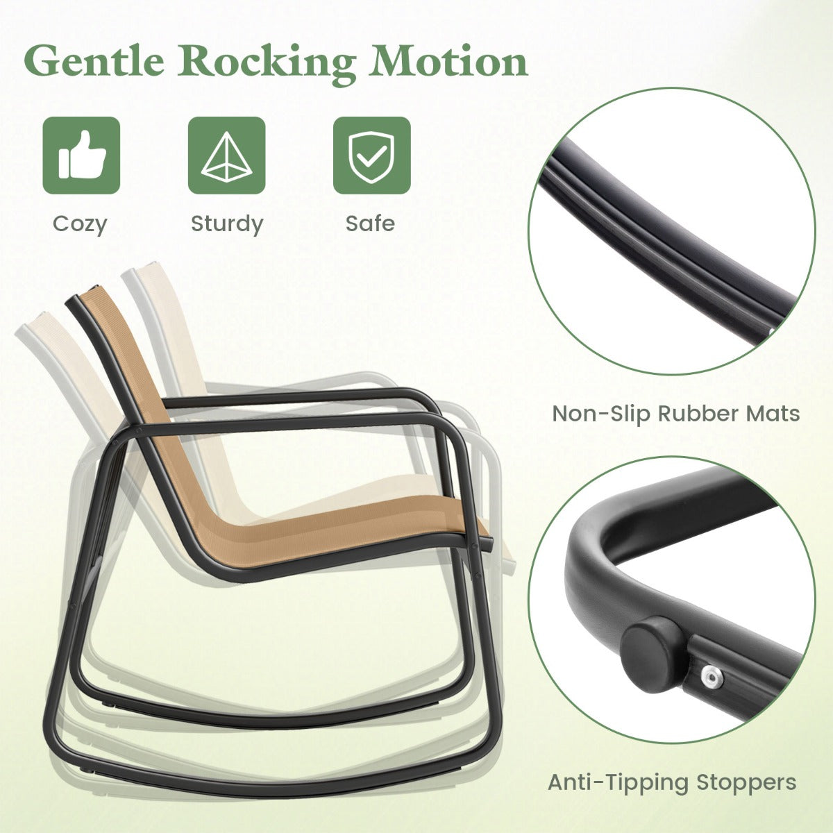 LIVSK 3-delige Schommelset - Ergonomische Stoelen met Zachte Beweging - Roestbestendig - Gehard Glas Tafelblad - Bruin