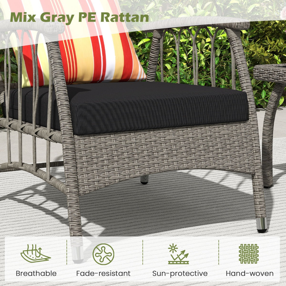 LIVSK 3-Delige Tuinloungeset - Verstelbare Rugleuning - PE Rattan - Gegalvaniseerd Frame - Compact voor Kleine Ruimtes - Grijs