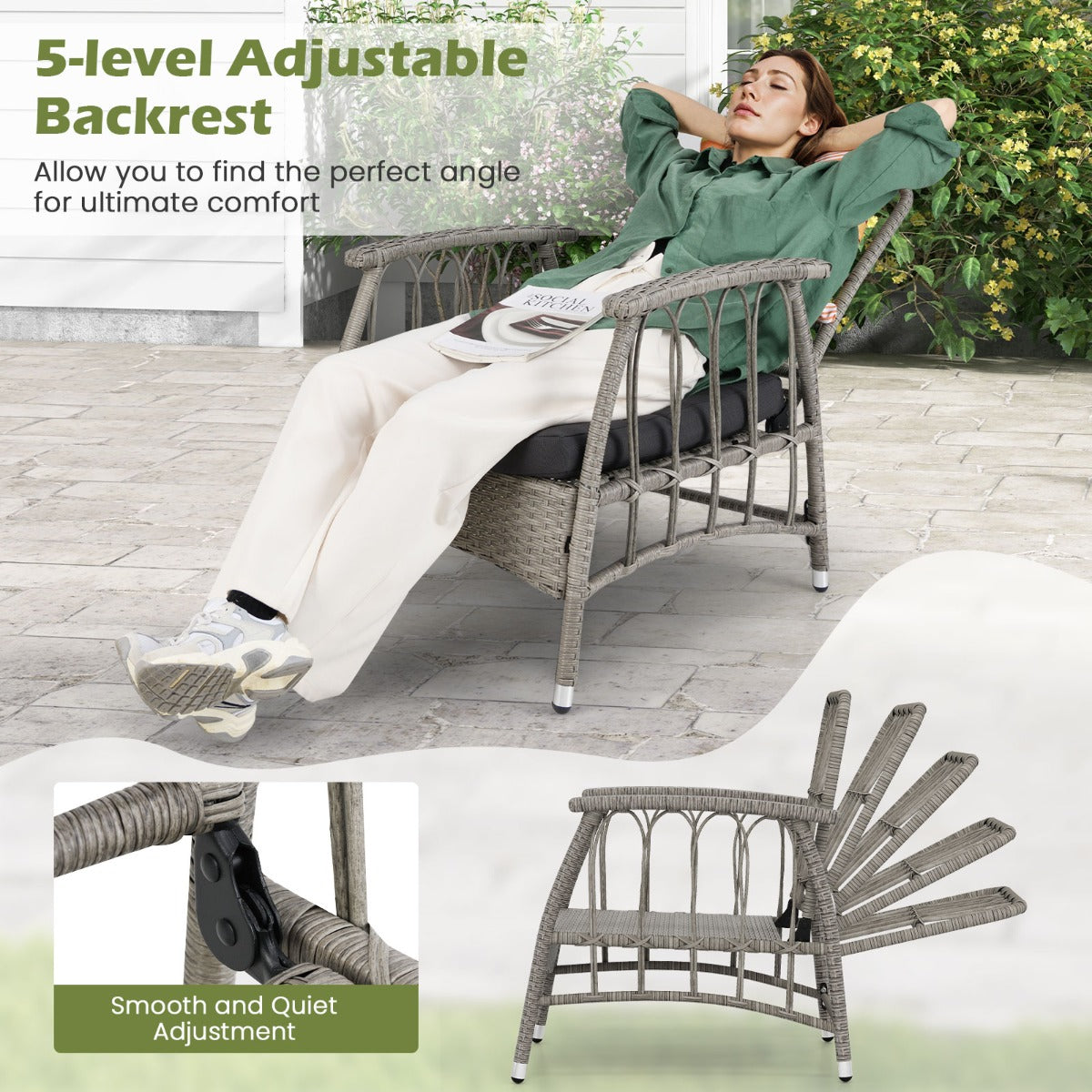 LIVSK 3-Delige Tuinloungeset - Verstelbare Rugleuning - PE Rattan - Gegalvaniseerd Frame - Compact voor Kleine Ruimtes - Grijs