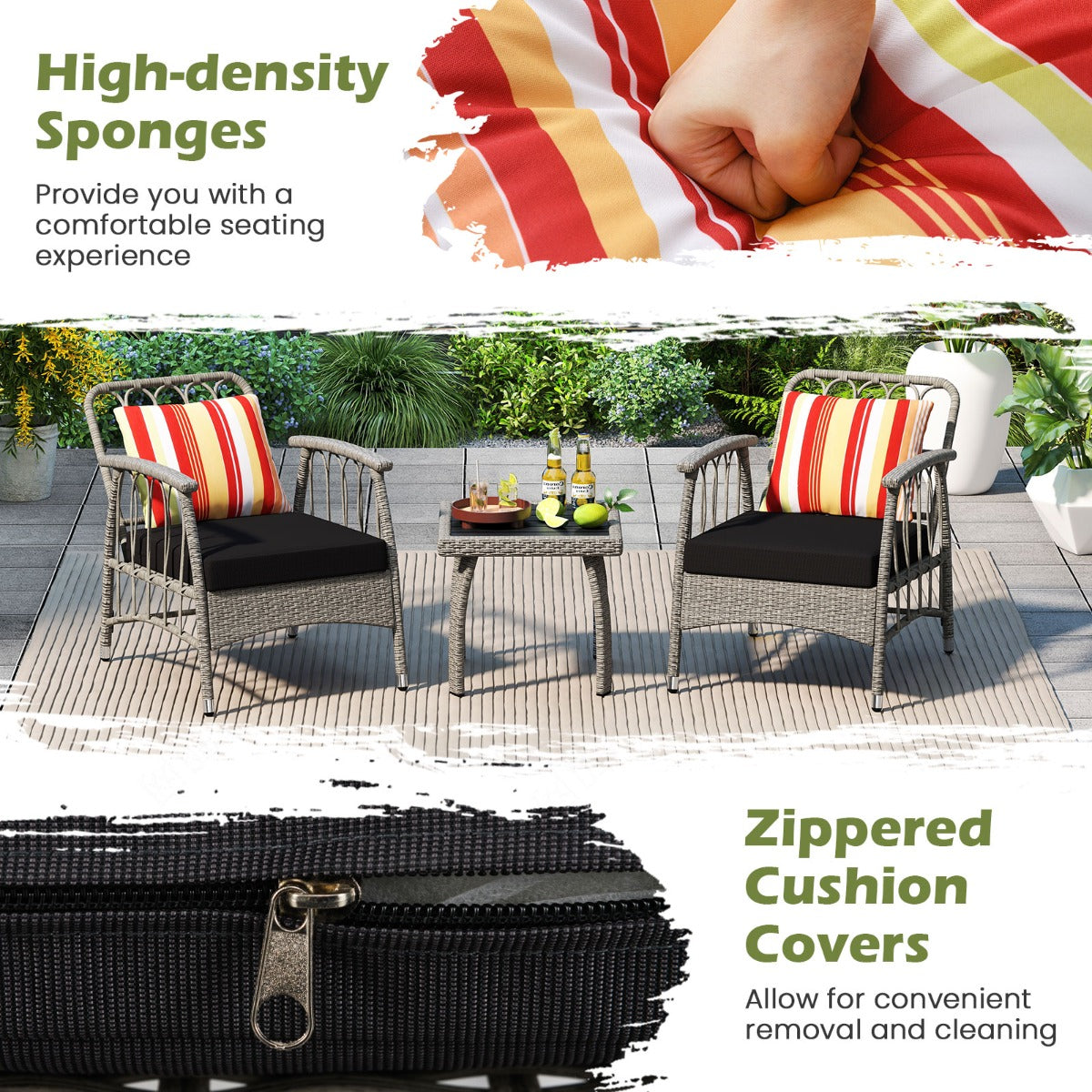 LIVSK 3-Delige Tuinloungeset - Verstelbare Rugleuning - PE Rattan - Gegalvaniseerd Frame - Compact voor Kleine Ruimtes - Grijs