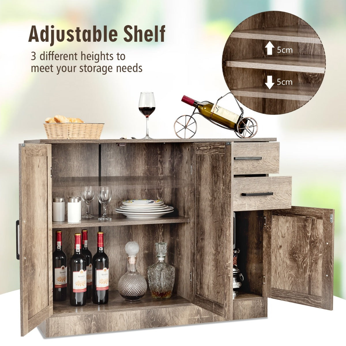 LIVSK Buffetkast - Veelzijdig met Verstelbare Plank - 2 Lades en 3 Deuren - Stevig MDF - 110 x 40 x 78 cm - Grijs