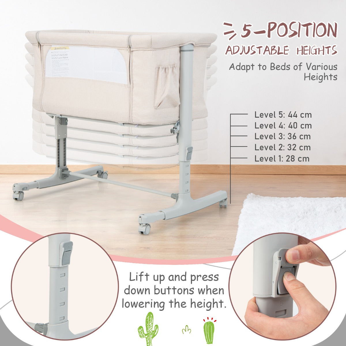 LIVSK 3-in-1 Baby Bedje - Verstelbare Hoogte - Kanteling - Draagbaar met Draagtas - Ademend Gaas - Beige