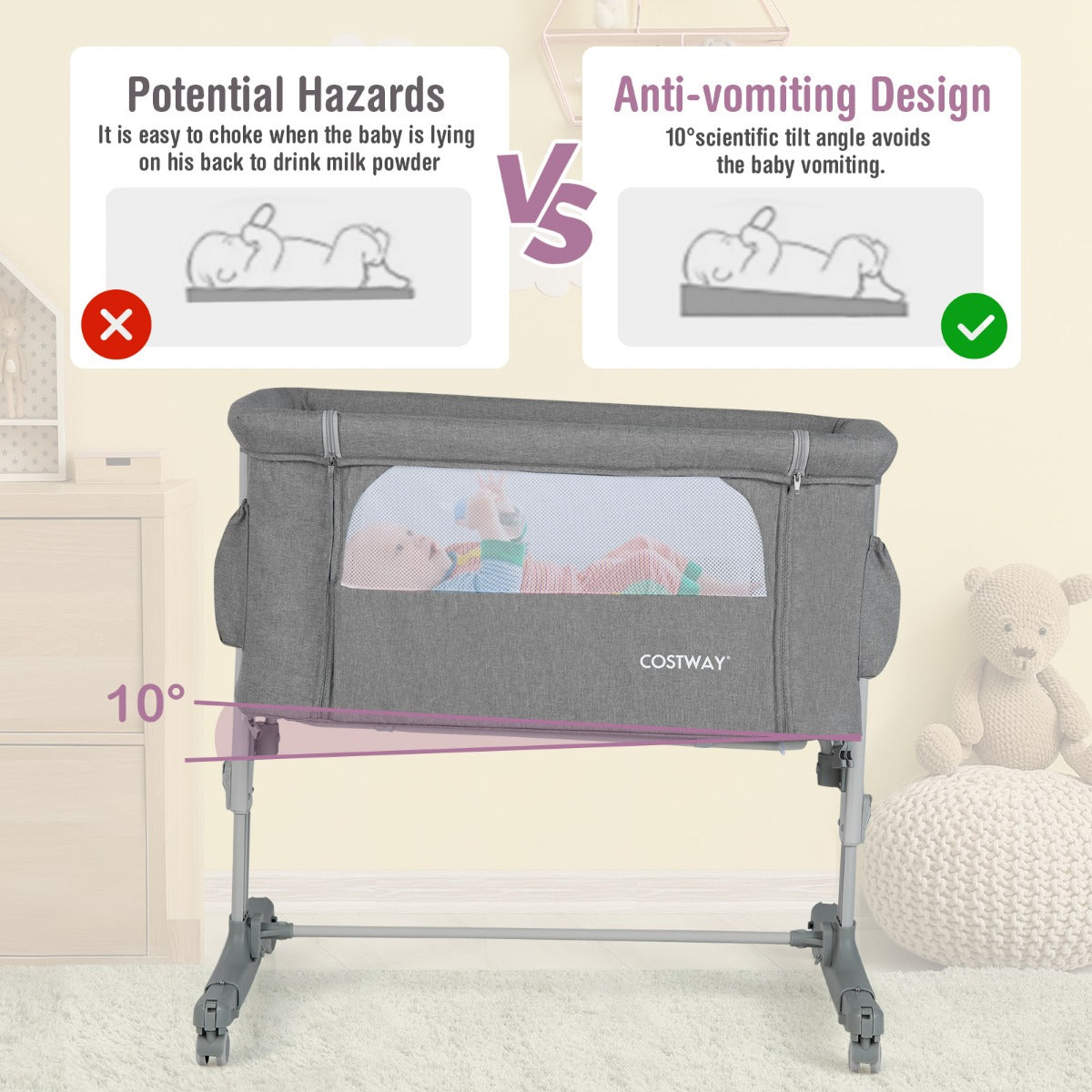 LIVSK 3-in-1 Draagbare Baby Naast Wieg - Verstelbare Hoogte en Hoek - Beweegbare Wielen - Inclusief Reistas - Licht Grijs