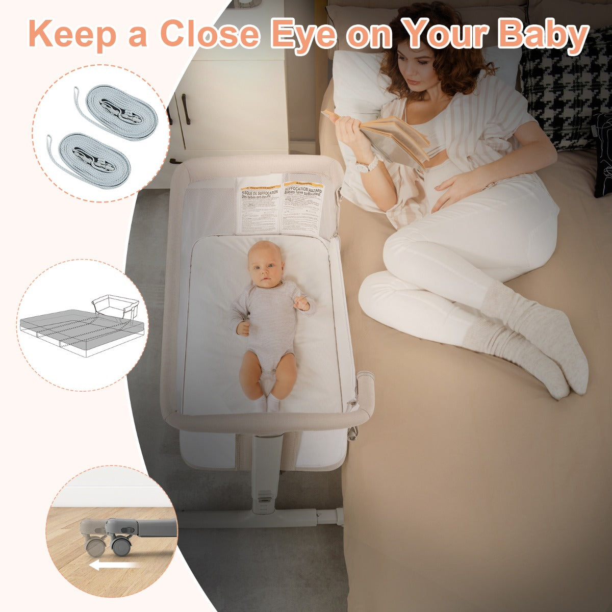 LIVSK 3-in-1 Co-sleeper - Verstelbare Hoogte - Inclusief Oxford-reistas - Voor Baby's tot 9 kg - Beige