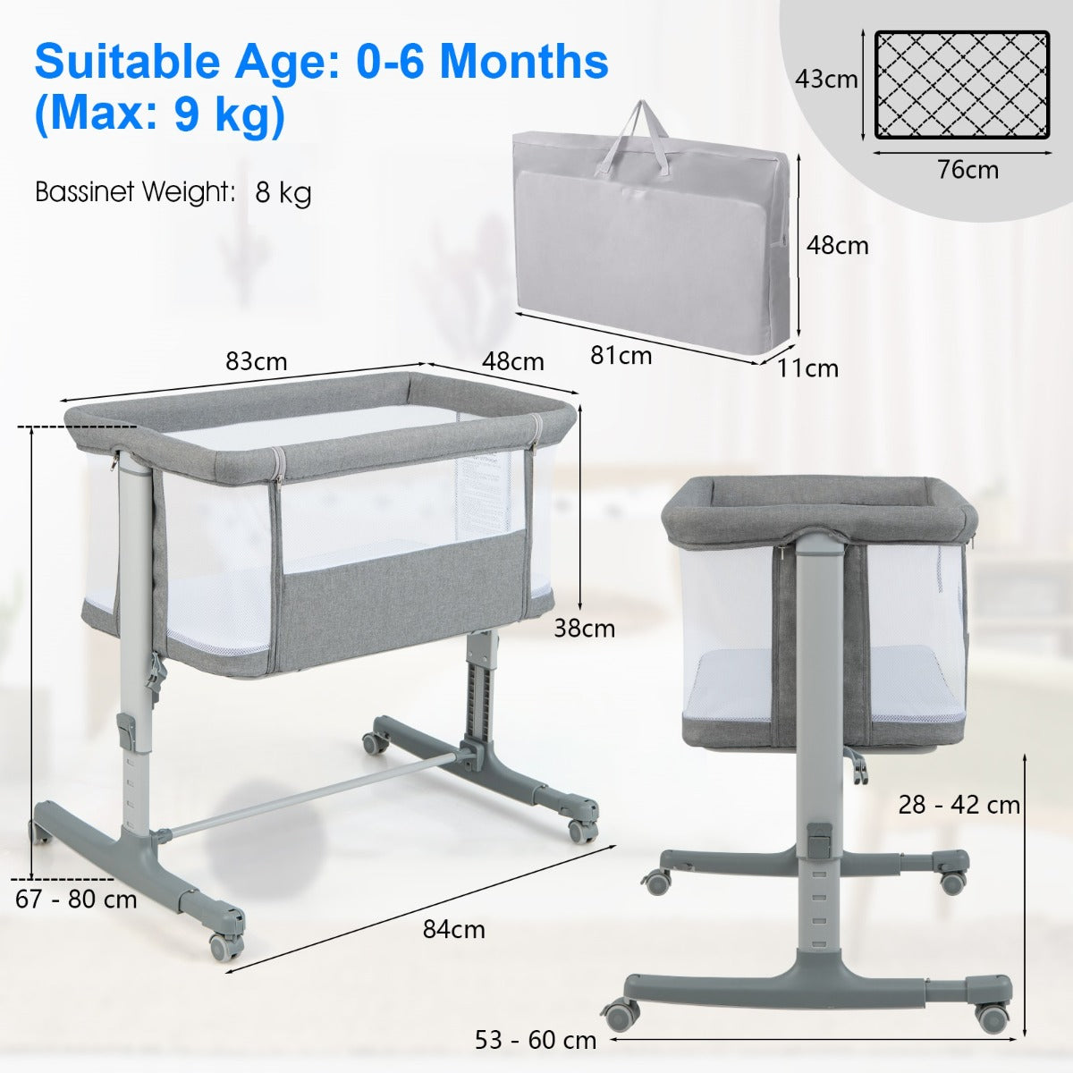 LIVSK 3-in-1 Co-Sleeper - Verstelbare Hoogte - Draagtas - Verplaatsbaar - Tot 9 kg - Donkergrijs