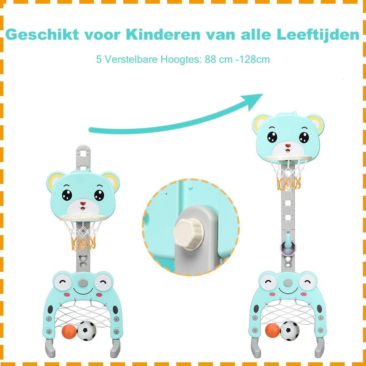 LIVSK 3-in-1 Basketbalstandaard - Verstelbaar van 88 tot 128 cm - Inclusief Basketbal en Voetbal - Veilig en Stabiel - Lichtblauw