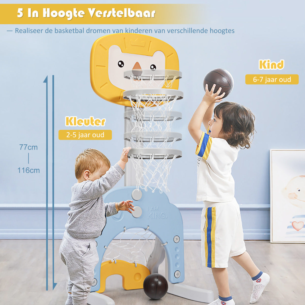 LIVSK 3-in-1 Peuterbasketbalhoepel - Verstelbare Hoogte 77-116 cm - Golf, Basketbal en Voetbal - Stabiele Driehoekstructuur -