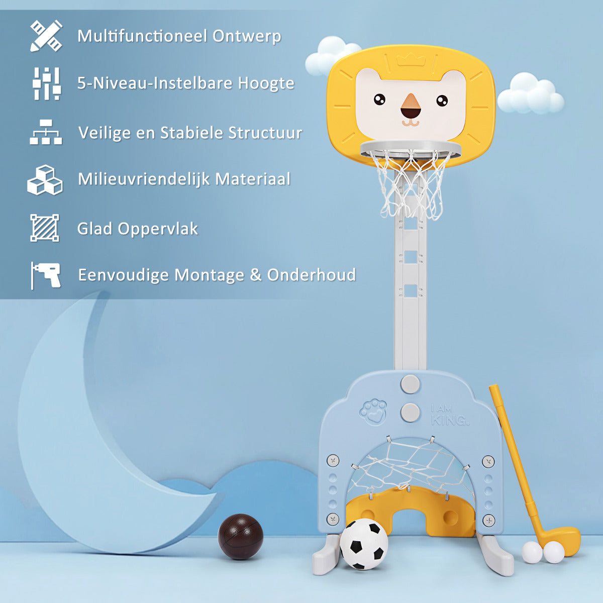 LIVSK 3-in-1 Peuterbasketbalhoepel - Verstelbare Hoogte 77-116 cm - Golf, Basketbal en Voetbal - Stabiele Driehoekstructuur -