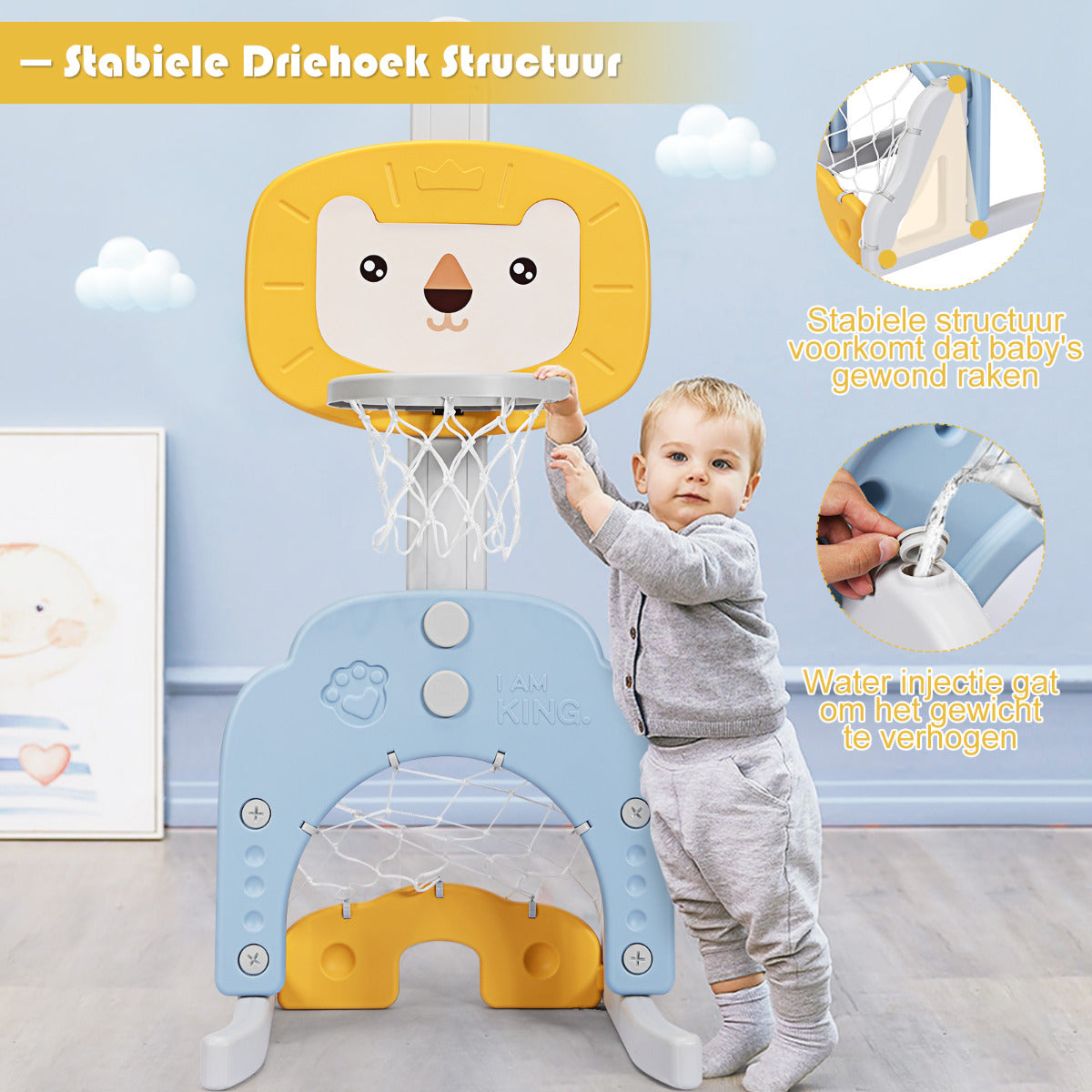 LIVSK 3-in-1 Peuterbasketbalhoepel - Verstelbare Hoogte 77-116 cm - Golf, Basketbal en Voetbal - Stabiele Driehoekstructuur -