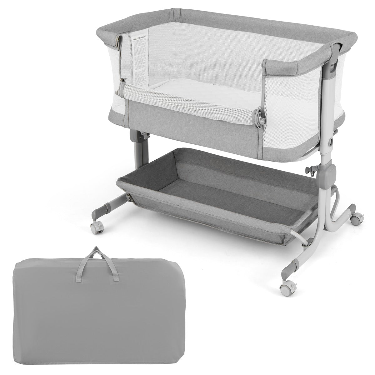 LIVSK Bedside Sleeper - 6 Verstelbare Hoogtes - Veiligheidsriemen - Opvouwbaar en Draagbaar - Comfortabele Matras - Grijs