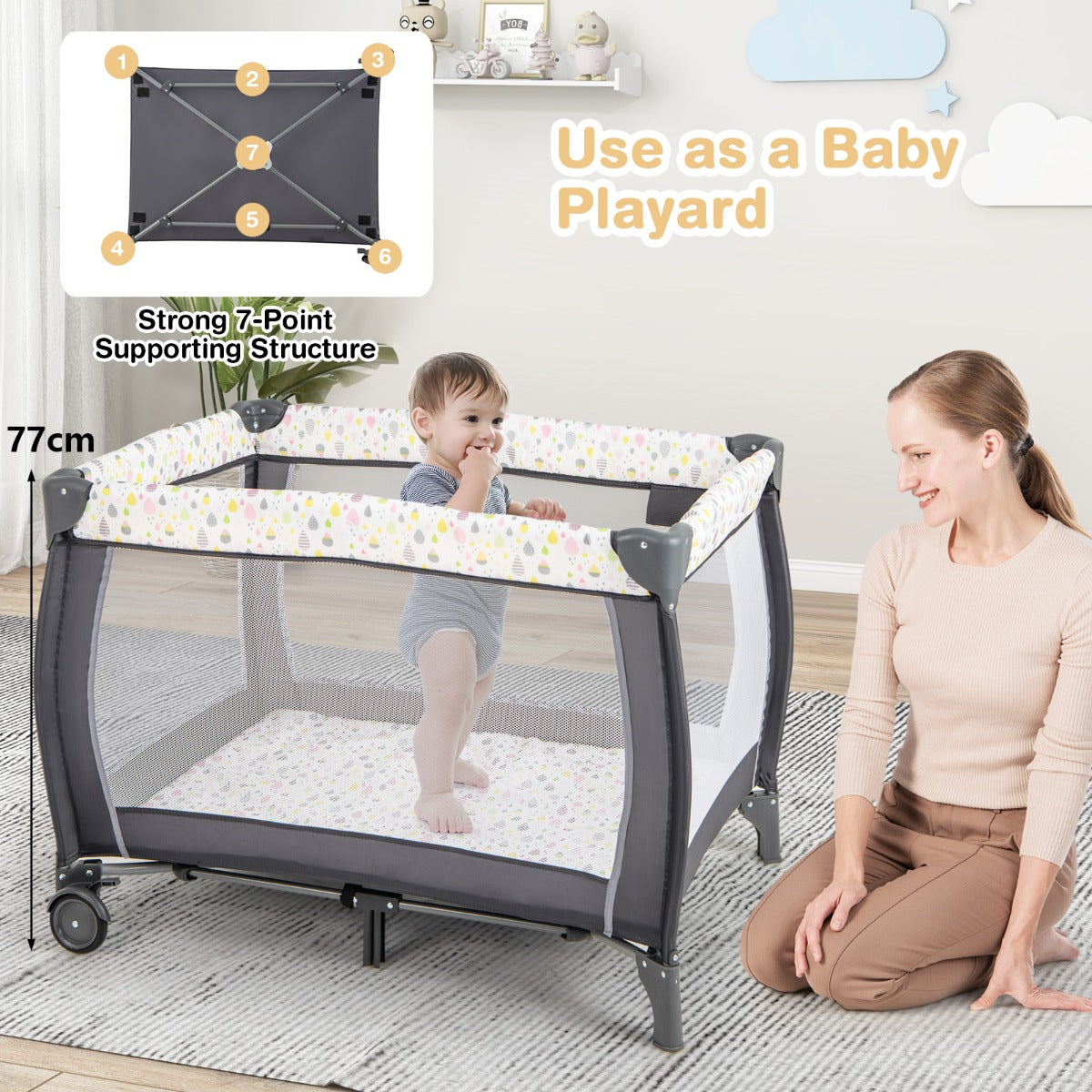 LIVSK Multifunctioneel Babyreisbed 3-in-1 - Wieg, Commode, Box - Inclusief Matras en Hangspeelgoed - Grijs