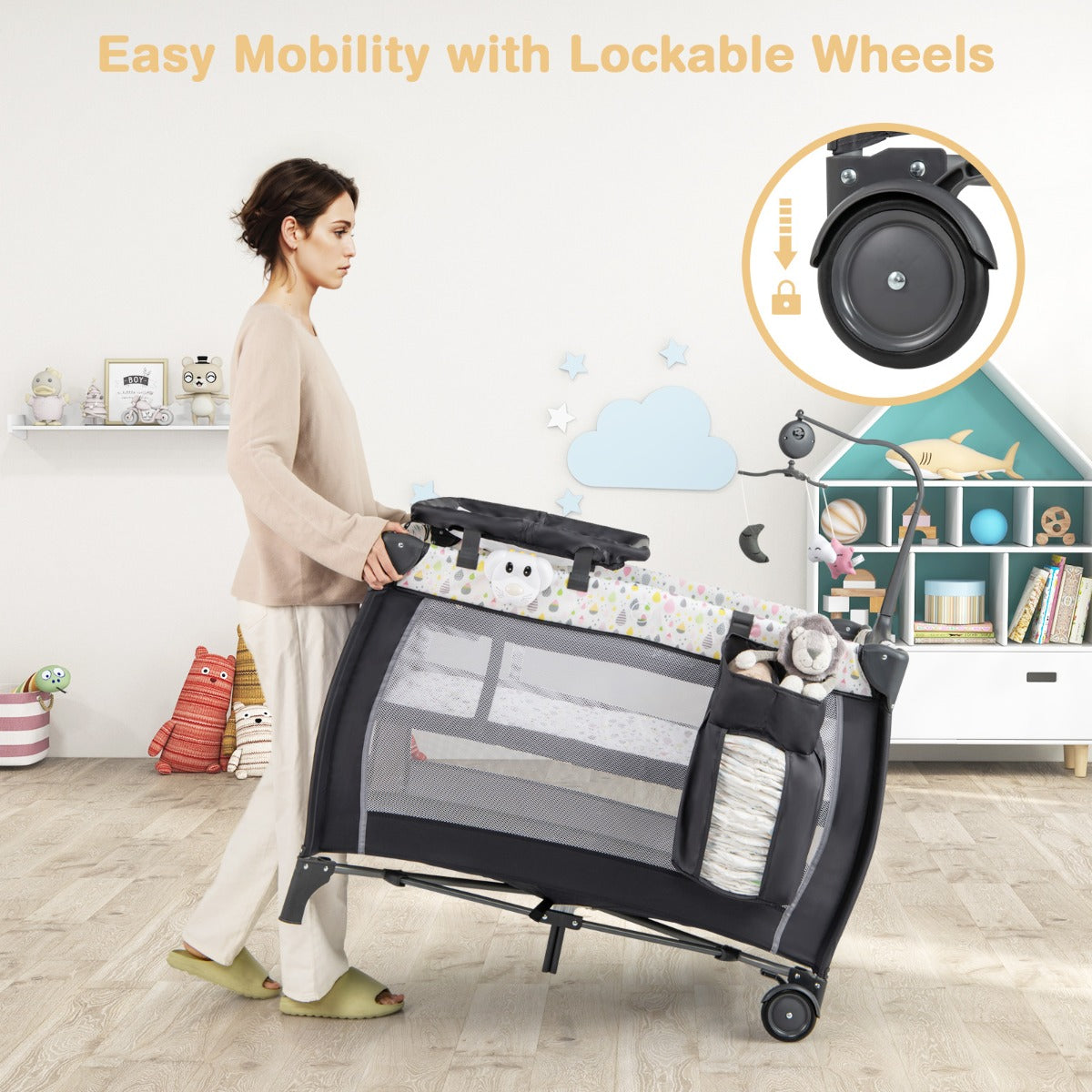 LIVSK Multifunctioneel Babyreisbed 3-in-1 - Wieg, Commode, Box - Inclusief Matras en Hangspeelgoed - Grijs