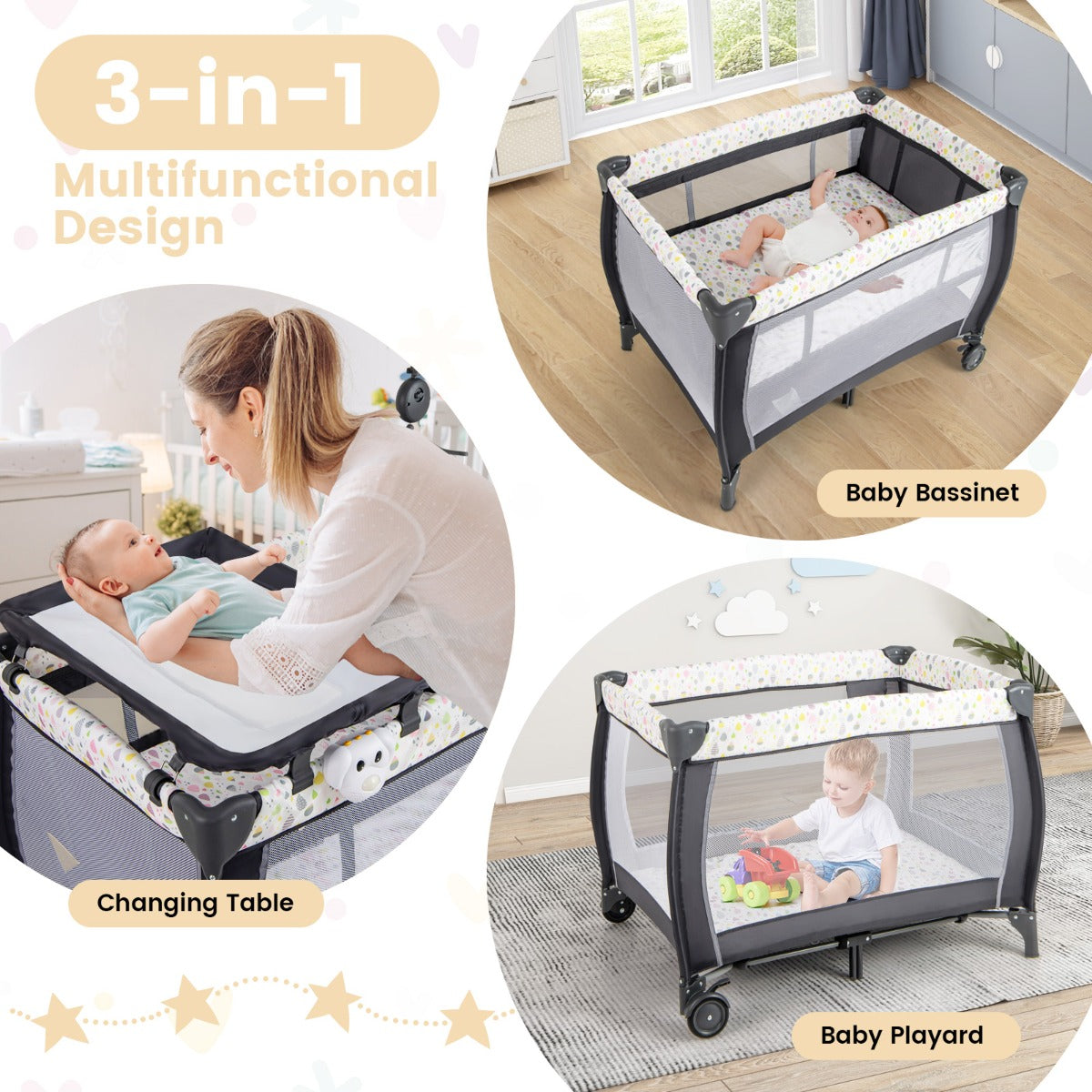 LIVSK Multifunctioneel Babyreisbed 3-in-1 - Wieg, Commode, Box - Inclusief Matras en Hangspeelgoed - Grijs
