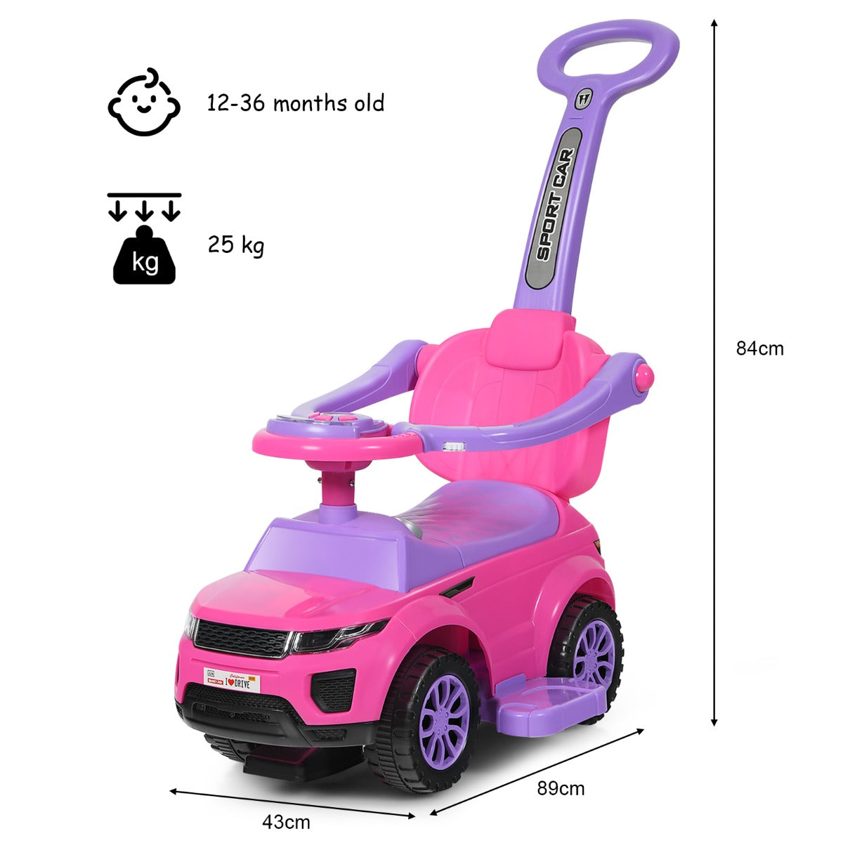 LIVSK 3-in-1 Duwwagen - Kinderwagen, Loopauto en Meerijdfunctie - Veiligheidshekjes en Opbergruimte - Tot 25 kg - Roze