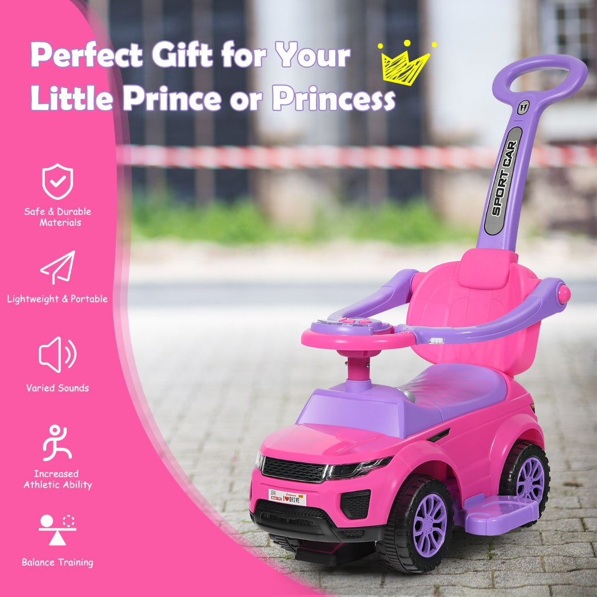 LIVSK 3-in-1 Duwwagen - Kinderwagen, Loopauto en Meerijdfunctie - Veiligheidshekjes en Opbergruimte - Tot 25 kg - Roze
