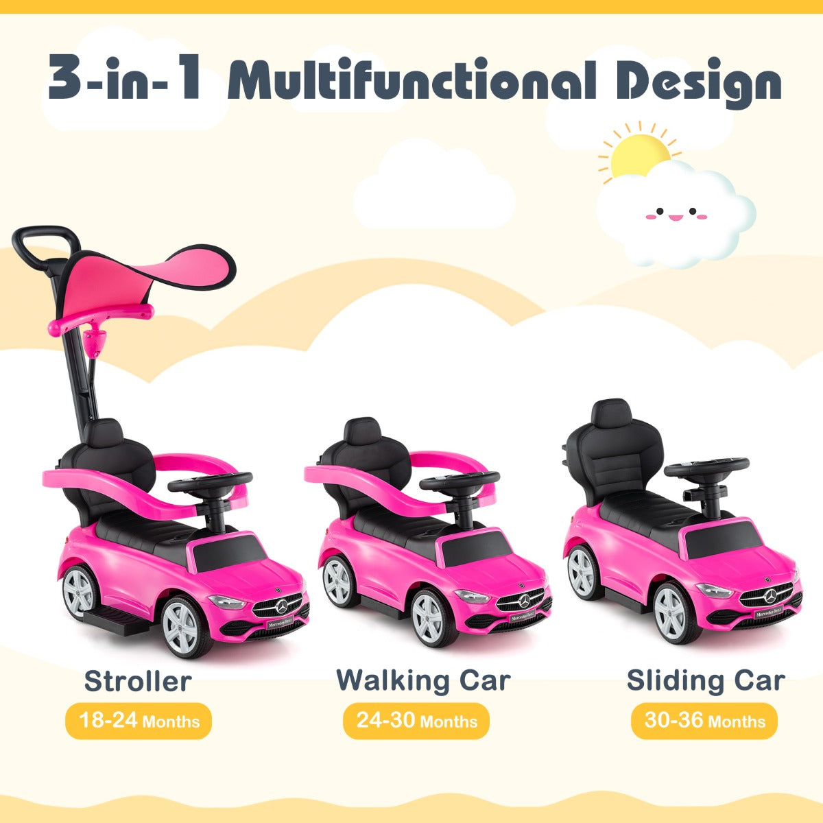 LIVSK 3-in-1 Loopauto - Kinderwagen, Loopauto of Duwwagen - Interactief Stuurwiel met Geluid - Opbergruimte - Voor Peuters - Zwart