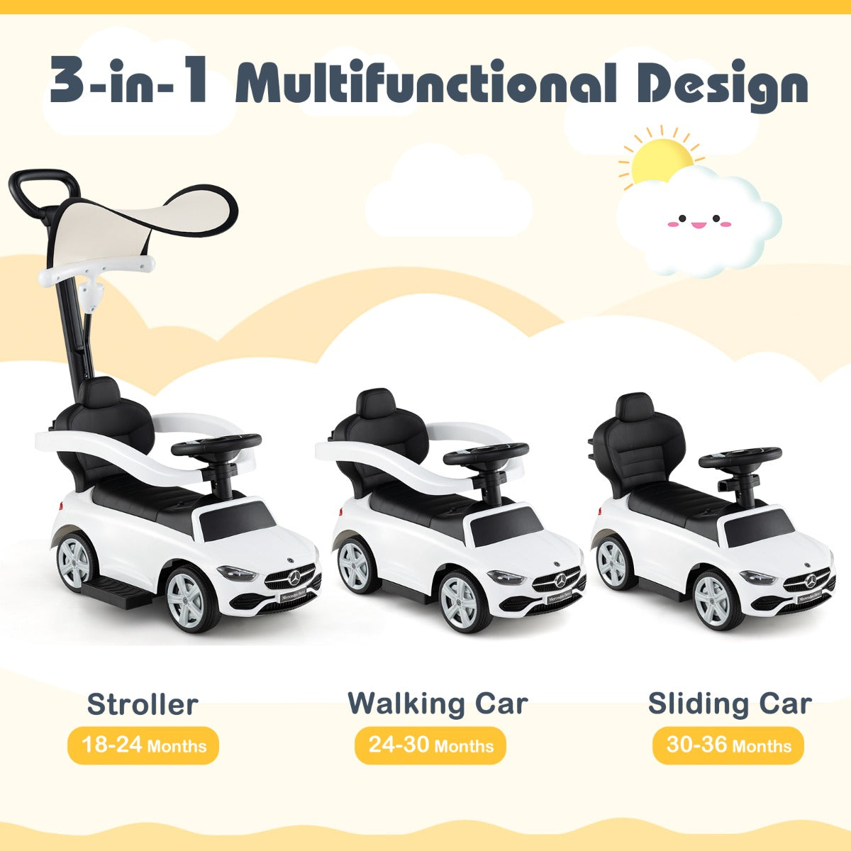 LIVSK 3-in-1 Loopauto - Kinderwagen, Loopauto, Duwauto - Interactief Stuur met Geluid - Veilig en Duurzaam - Voor 18-36 maanden -