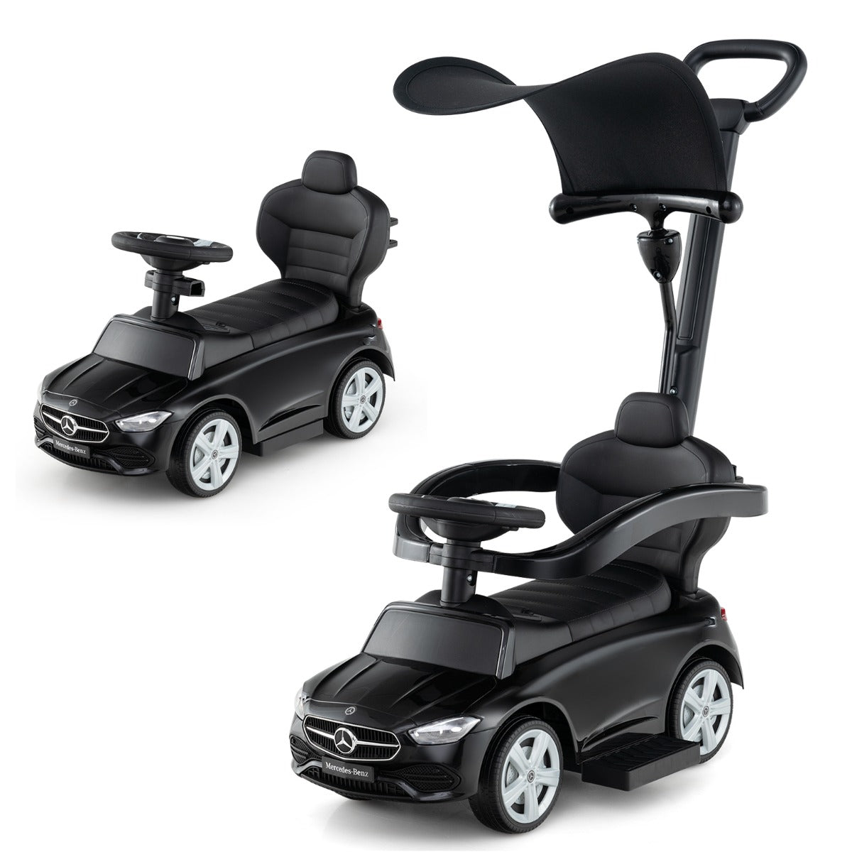 LIVSK 3-in-1 Loopauto - Kinderwagen, Loop- en Schuifauto - Interactief Stuurwiel met Geluid - Veilig en Duurzaam - Zwart