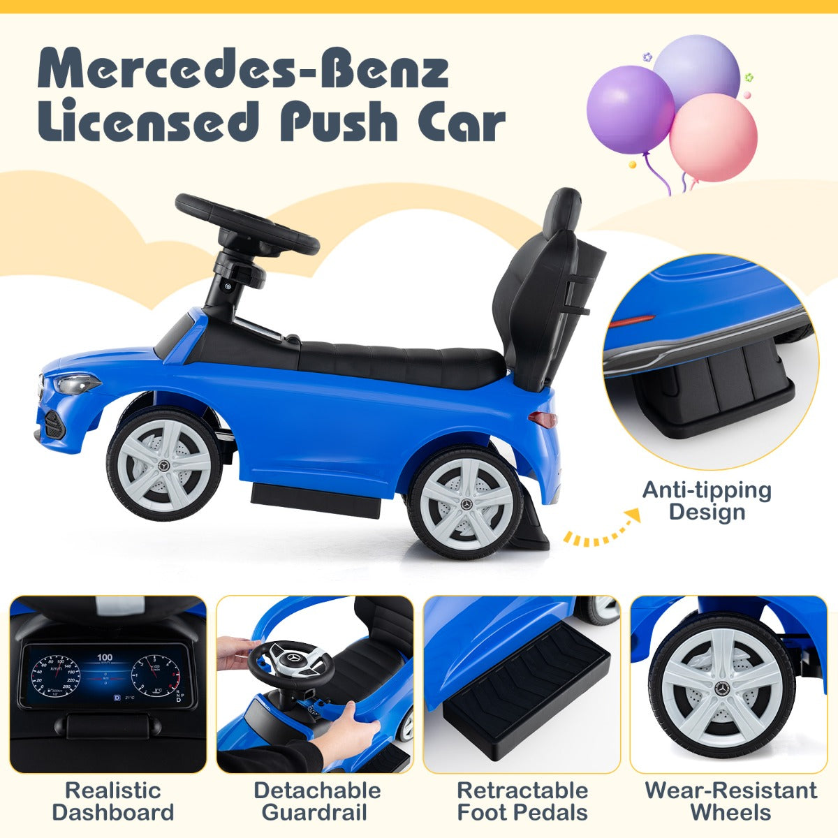 Livsk costway 3 in 1 duwauto voor kinderen mercedes benz speelgoedauto onder licentie met verstelbare kap en stuur draagvermogen 25 kg 2