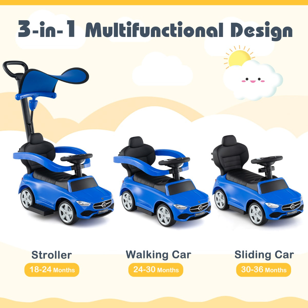 Livsk costway 3 in 1 duwauto voor kinderen mercedes benz speelgoedauto onder licentie met verstelbare kap en stuur draagvermogen 25 kg 6