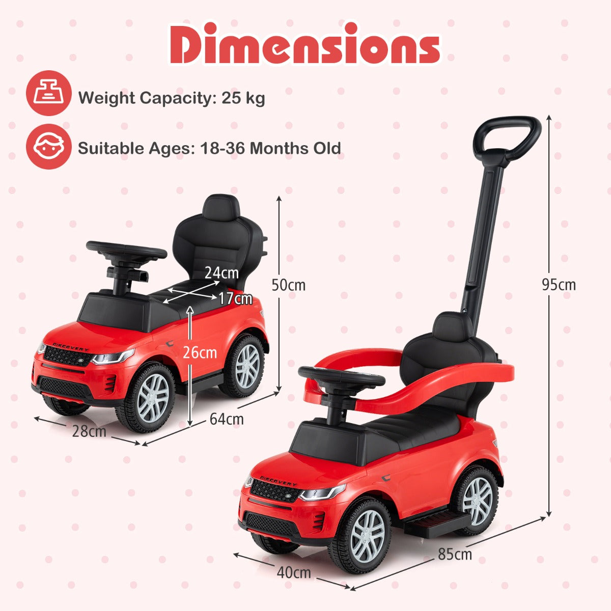 LIVSK Peuterkinderwagen - Inklapbaar van Duw- naar Loopwagen - Slijtvaste Wielen - Stuur met Geluiden - Tot 25 kg - Rood