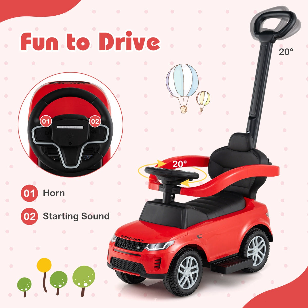 LIVSK Peuterkinderwagen - Inklapbaar van Duw- naar Loopwagen - Slijtvaste Wielen - Stuur met Geluiden - Tot 25 kg - Rood