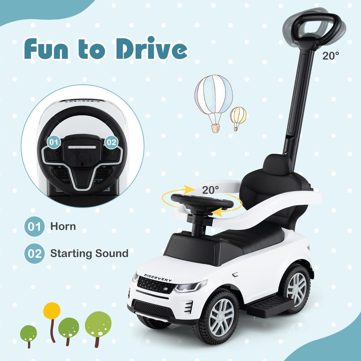 LIVSK 3-in-1 Duwwagen voor Peuters - Transformeerbaar tot Loop- of Glijauto - Veilig en Comfortabel - Wit