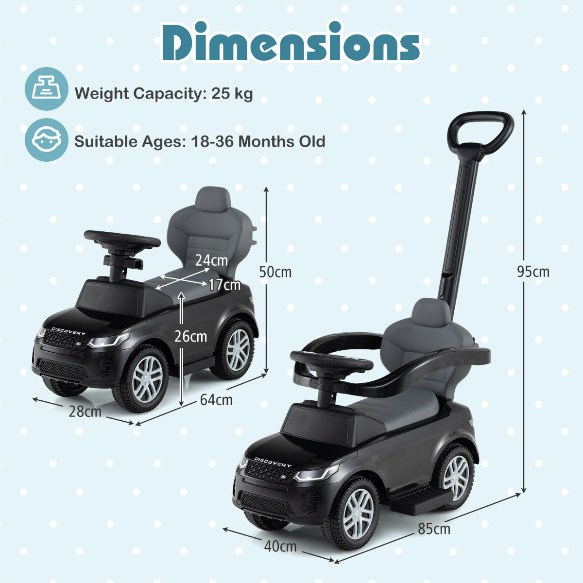 LIVSK 3-in-1 Peuterkinderwagen - Ombouwbaar tot Loop- of Schuifwagen - Slijtvaste Wielen - Opbergruimte - Tot 25 kg - Zwart
