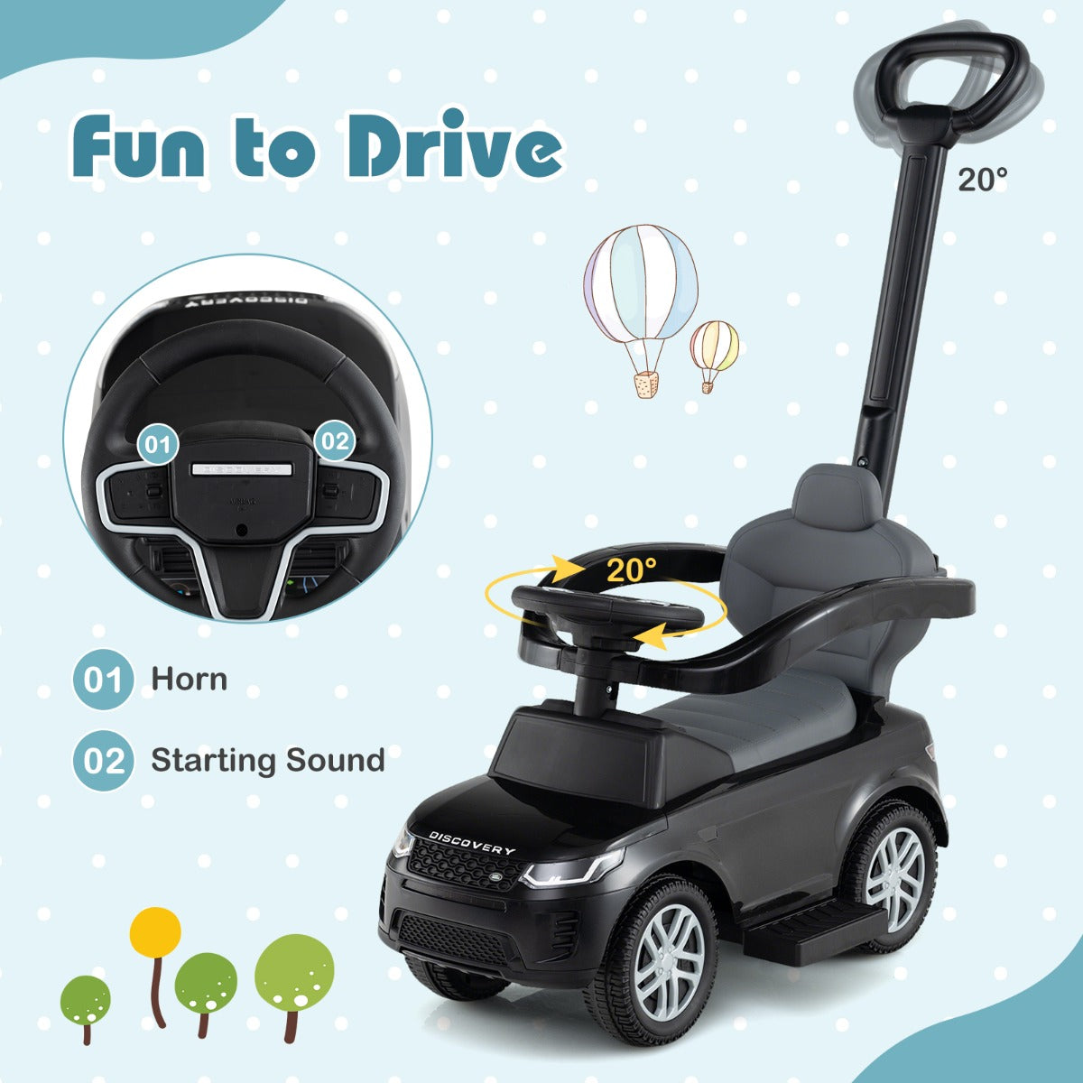 LIVSK 3-in-1 Peuterkinderwagen - Ombouwbaar tot Loop- of Schuifwagen - Slijtvaste Wielen - Opbergruimte - Tot 25 kg - Zwart