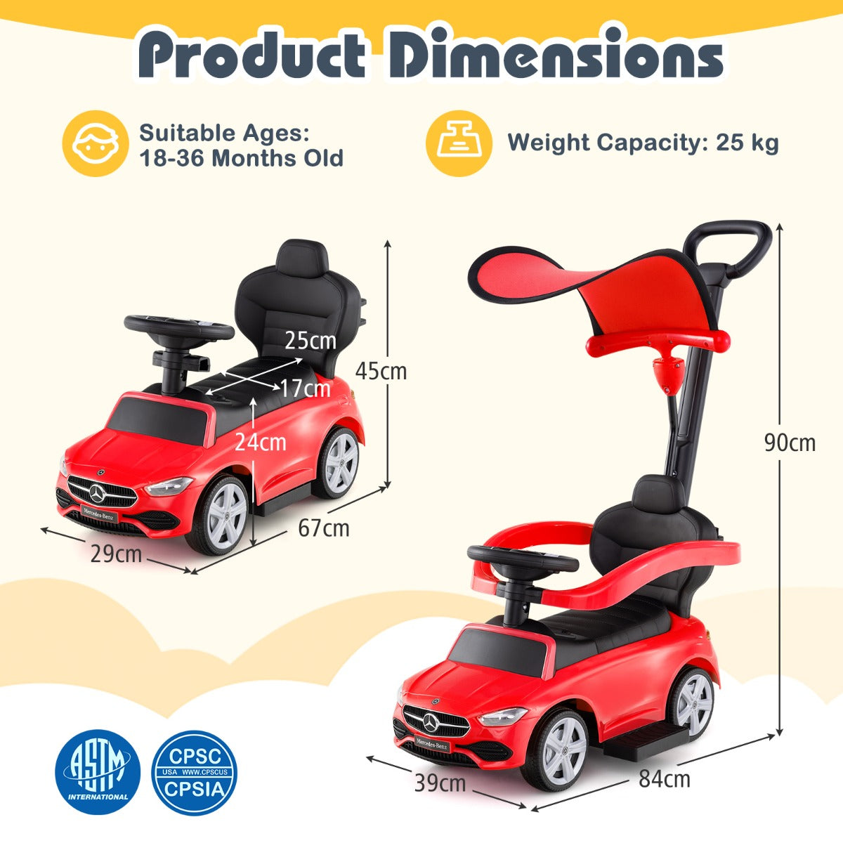 Livsk costway 3 in 1 gelicentieerde mercedes benz loopauto duwkar met duwbeugel verstelbare kap en stuurhendel 1 1