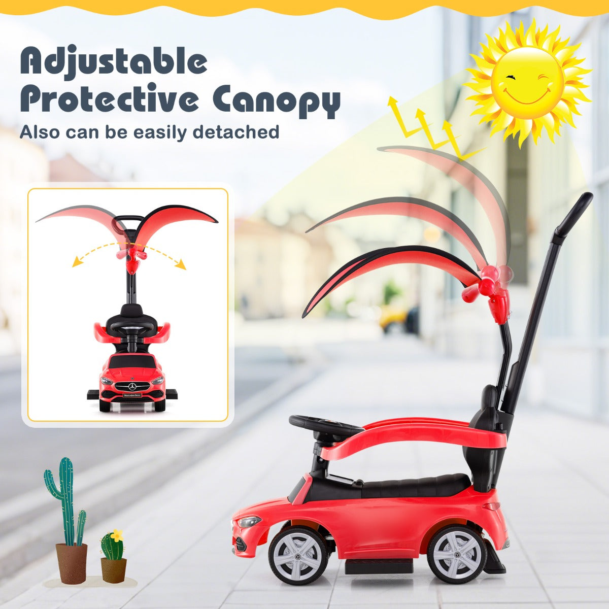 Livsk costway 3 in 1 gelicentieerde mercedes benz loopauto duwkar met duwbeugel verstelbare kap en stuurhendel 3