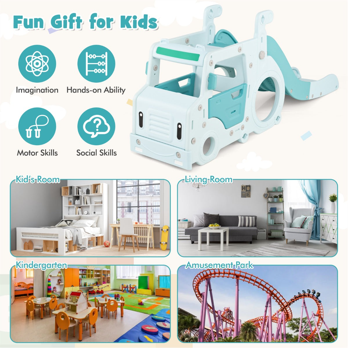 LIVSK 3-in-1 Peuterglijbaan - Glijbaan, Kruiptunnel en Speelhuis - Veilig met Verhoogde Leuningen - Opvouwbaar - Blauw