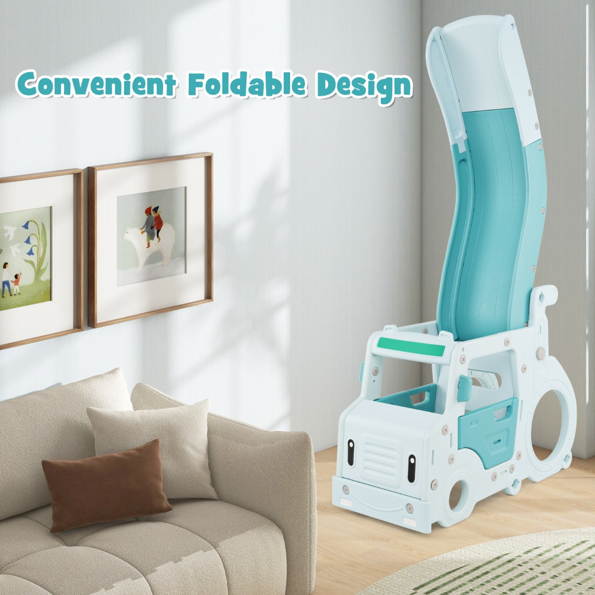 LIVSK 3-in-1 Peuterglijbaan - Glijbaan, Kruiptunnel en Speelhuis - Veilig met Verhoogde Leuningen - Opvouwbaar - Blauw