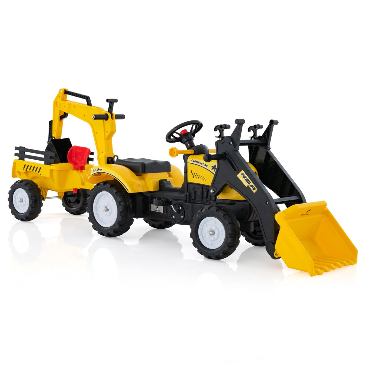 LIVSK 3-in-1 Zittractor - Transformeer tot Bulldozer, Graafmachine of Tractor - Realistisch Stuur en Claxon - Geel