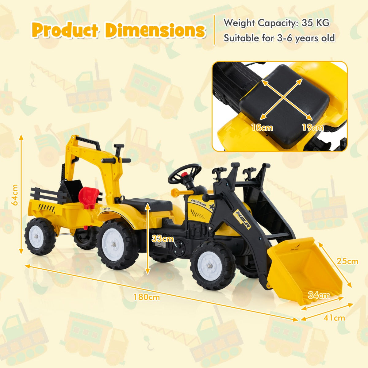 LIVSK 3-in-1 Zittractor - Transformeer tot Bulldozer, Graafmachine of Tractor - Realistisch Stuur en Claxon - Geel