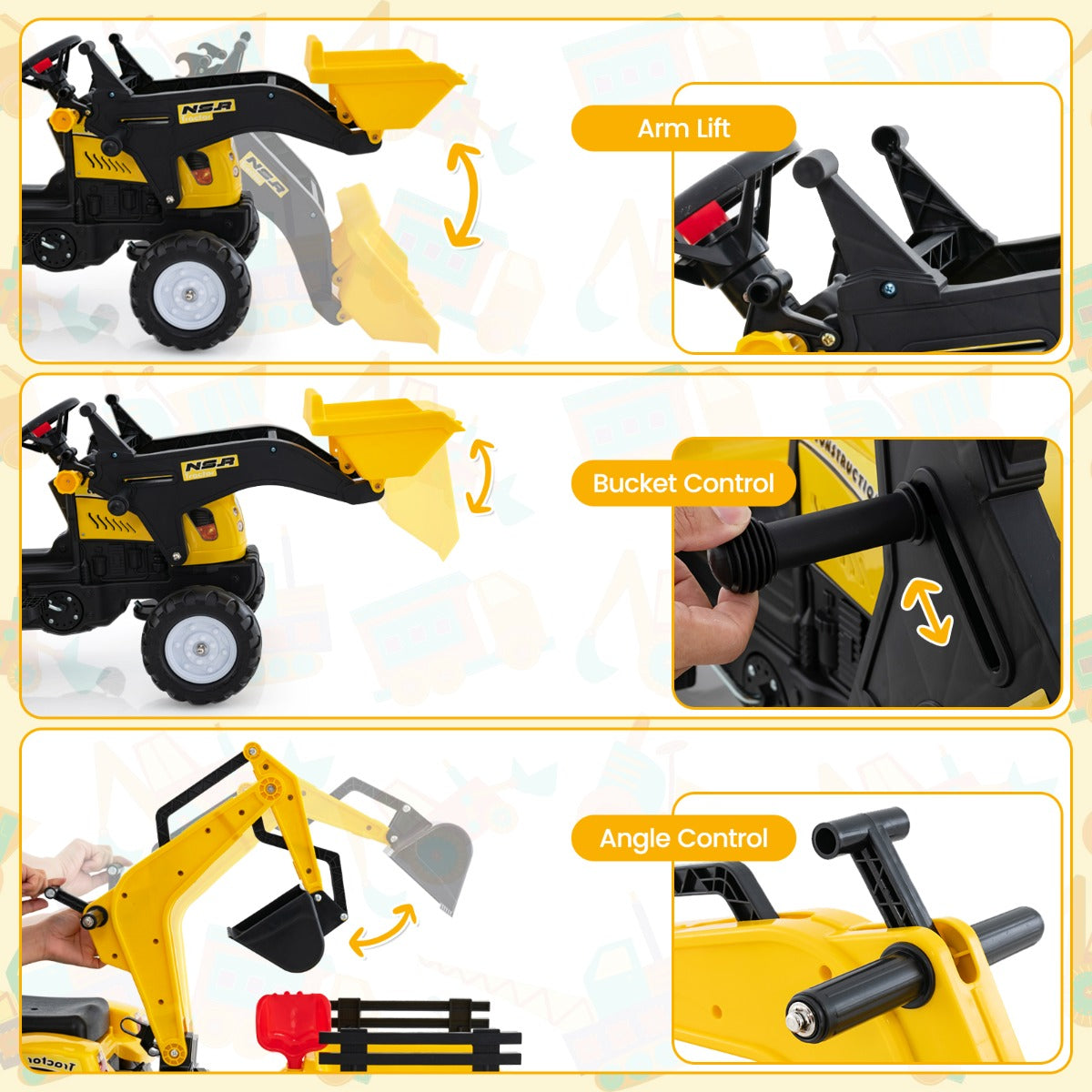 LIVSK 3-in-1 Zittractor - Transformeer tot Bulldozer, Graafmachine of Tractor - Realistisch Stuur en Claxon - Geel