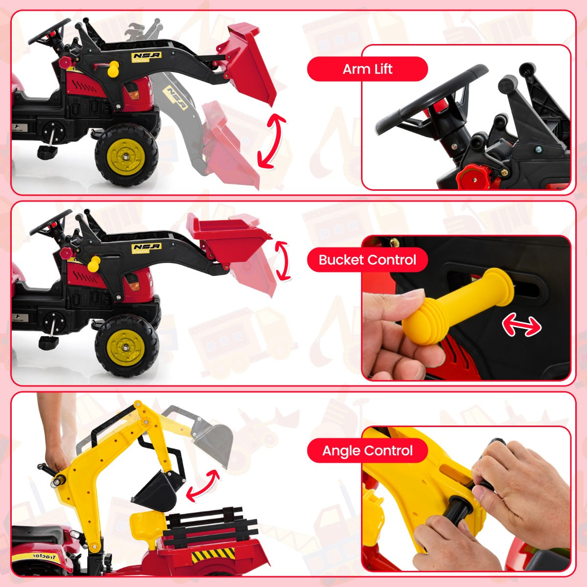 Livsk costway 3 in 1 graafmachine voor kinderen bulldozer met 6 wielen afneembare aanhanger en graafbak 5