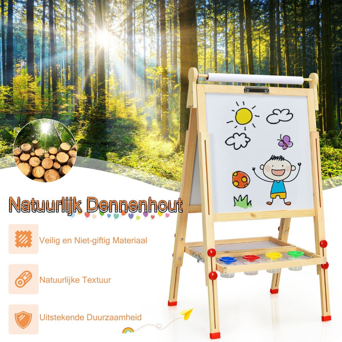 LIVSK 3-in-1 Kinderezel - Verstelbare Hoogte van 86 tot 150 cm - Krijtbord en Whiteboard - Inclusief Accessoires - Natuurlijk